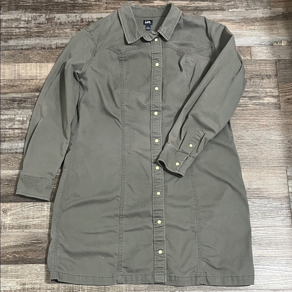 LEE Button-Down Dress in Olive Long Sleeve Cotton Blend Women’s Sz Large